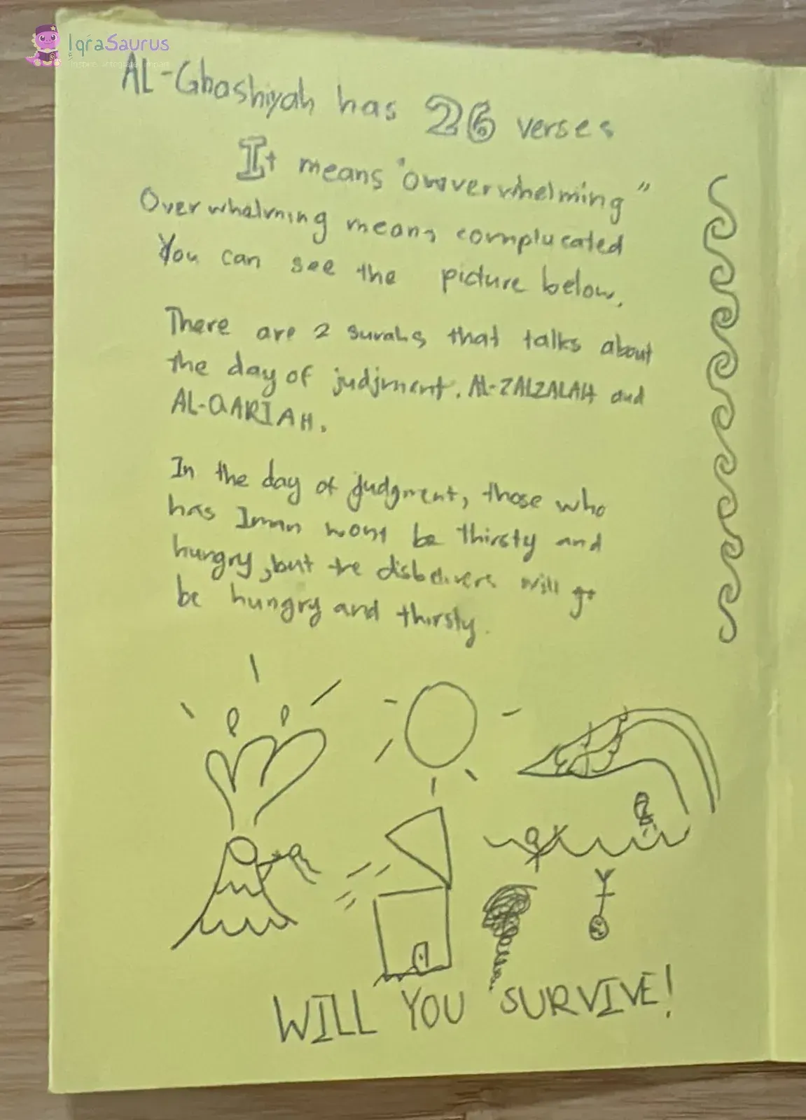 A yellow page of writing above drawings of a volcano, a falling house, a sun, a wave and a whirlwind.