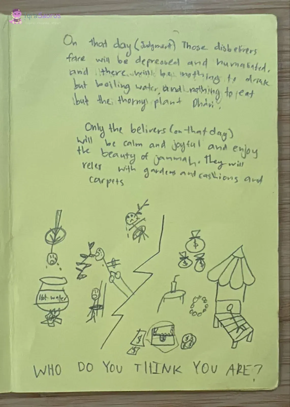 A zigzag line splits the drawing: a pot of hot water over a fire and thorny plants on one side, a garden seat, cushions and bags of treasure on the other.