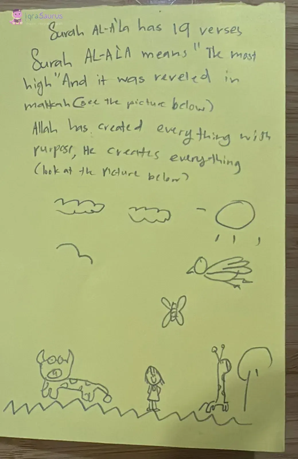 Writing above drawings of clouds, the sun, a bird, a butterfly, a cow, a girl, a snail and a tree.