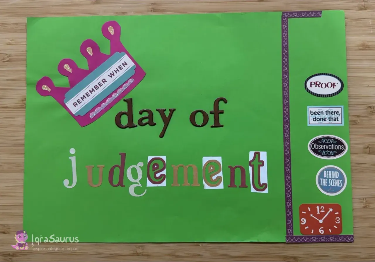 A green card for the verse about the Day of Judgement, with a pink crown and a red clock
