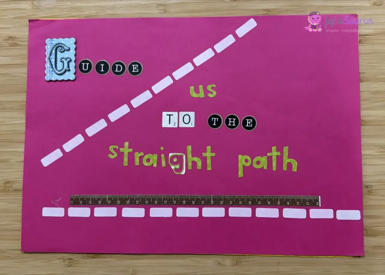 A pink card for the verse about the straight path, with a dashed white road and a ruler