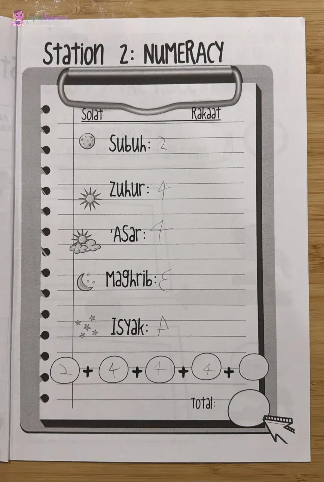 Station 2, Numeracy: a clipboard drawing listing the five daily prayers with the number of rakaat written beside each