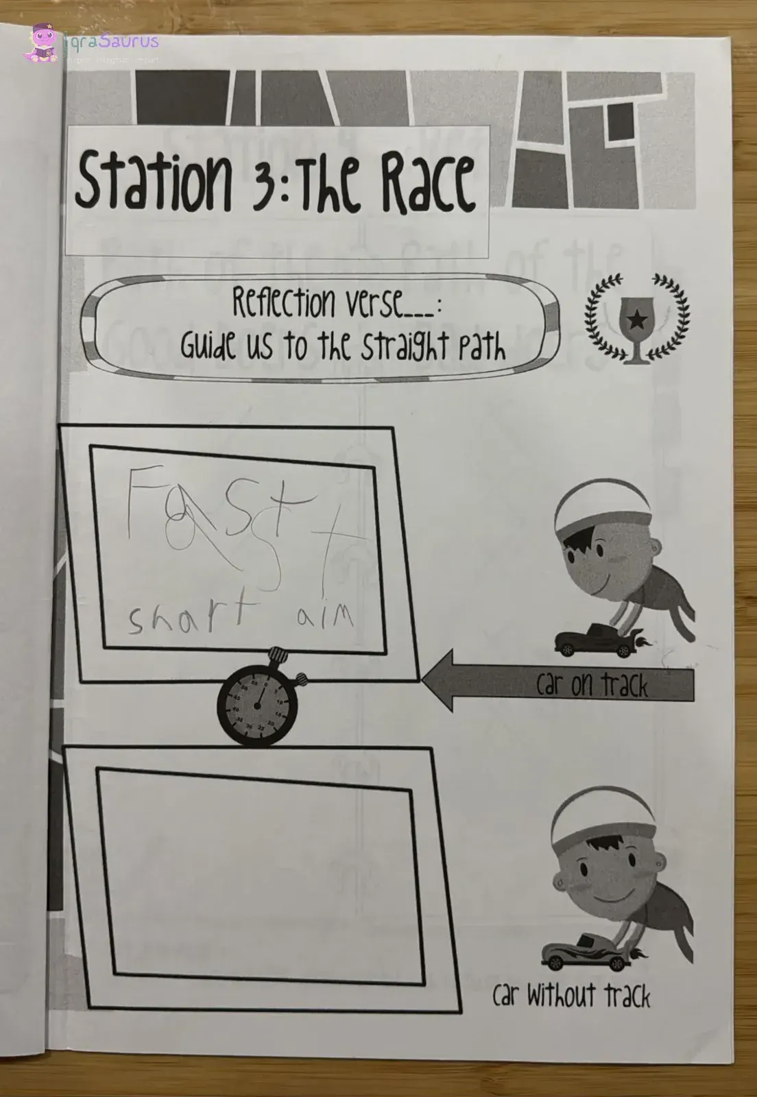 Station 3, The Race: "Fast", "smart" and "aim" written beside a cartoon car on a track
