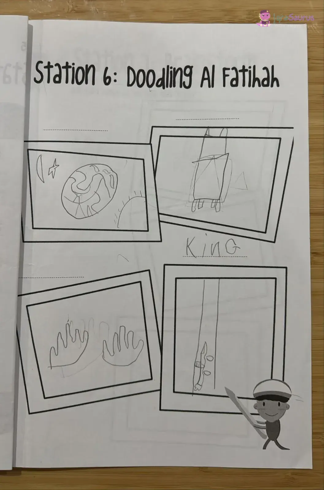 Station 6, Doodling Al Fatihah: four frames with the earth, a drawing labelled "King", two hands and a straight road