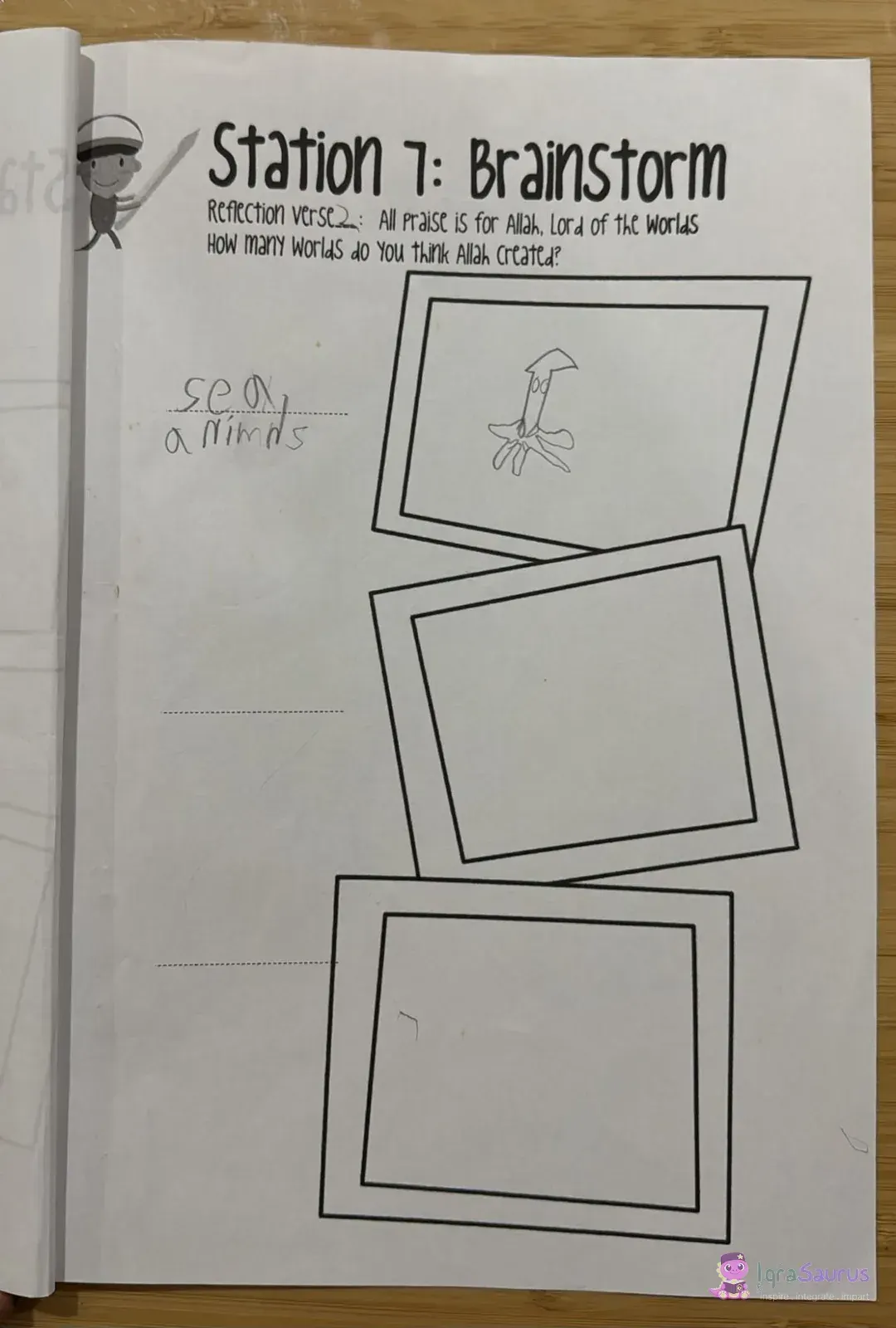 Station 7, Brainstorm: "sea animals" written beside a small drawing of a squid