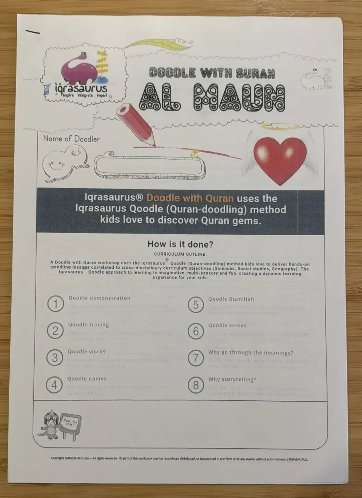 The cover of the Doodle with Surah Al-Maun workbook, with the eight-step outline