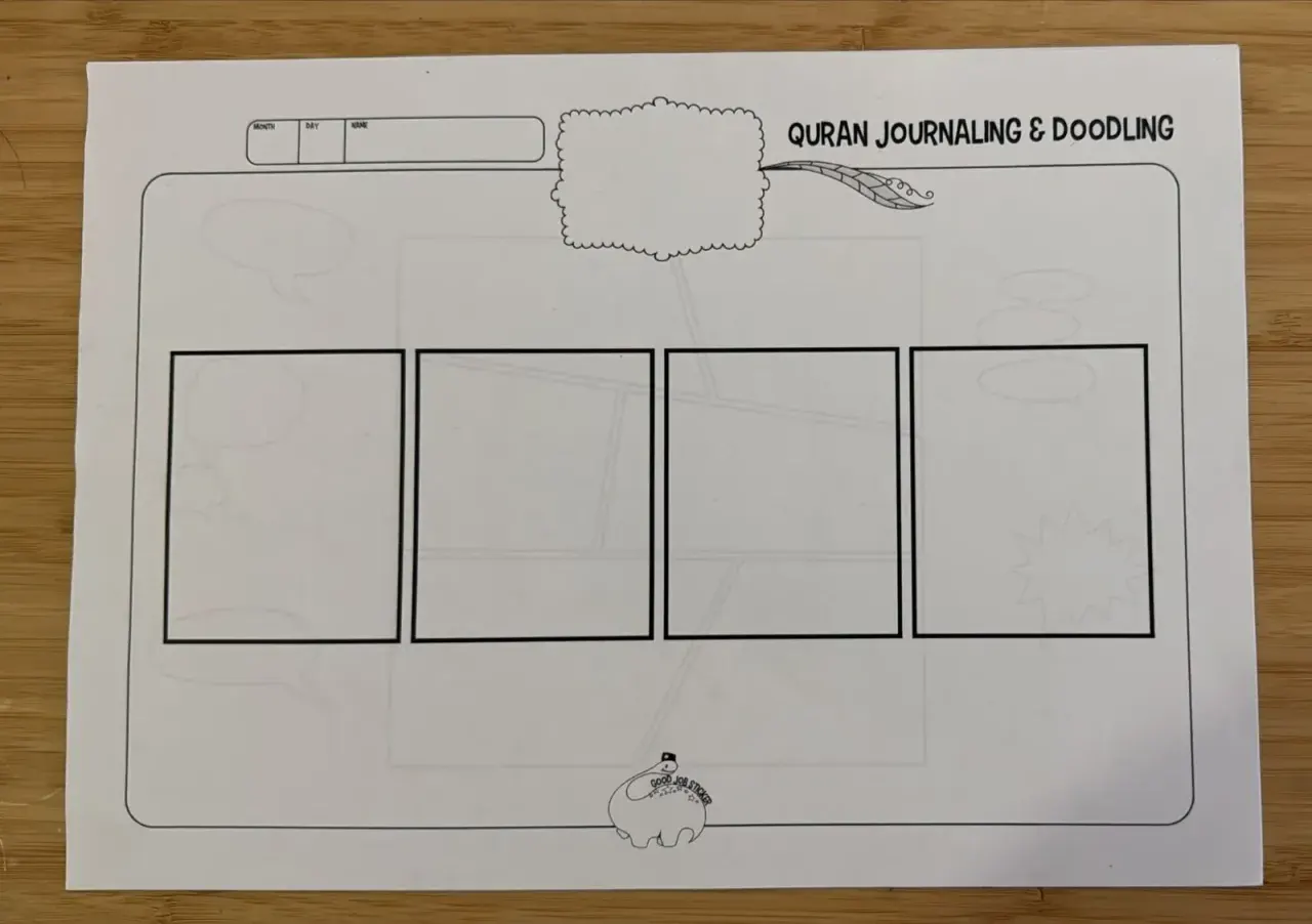A Quran Journaling & Doodling sheet with four empty panels in a row