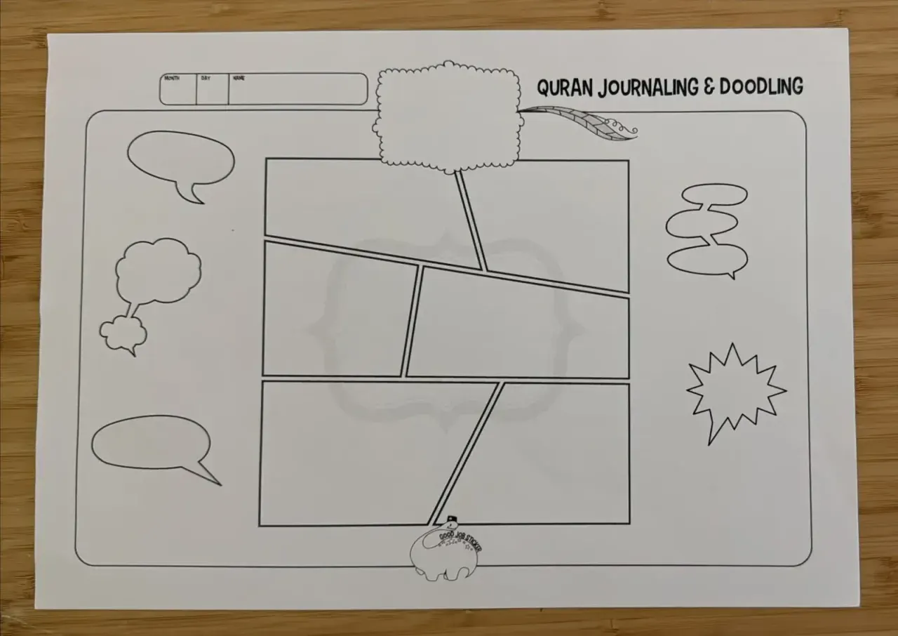 A Quran Journaling & Doodling sheet with slanted comic panels and speech bubbles