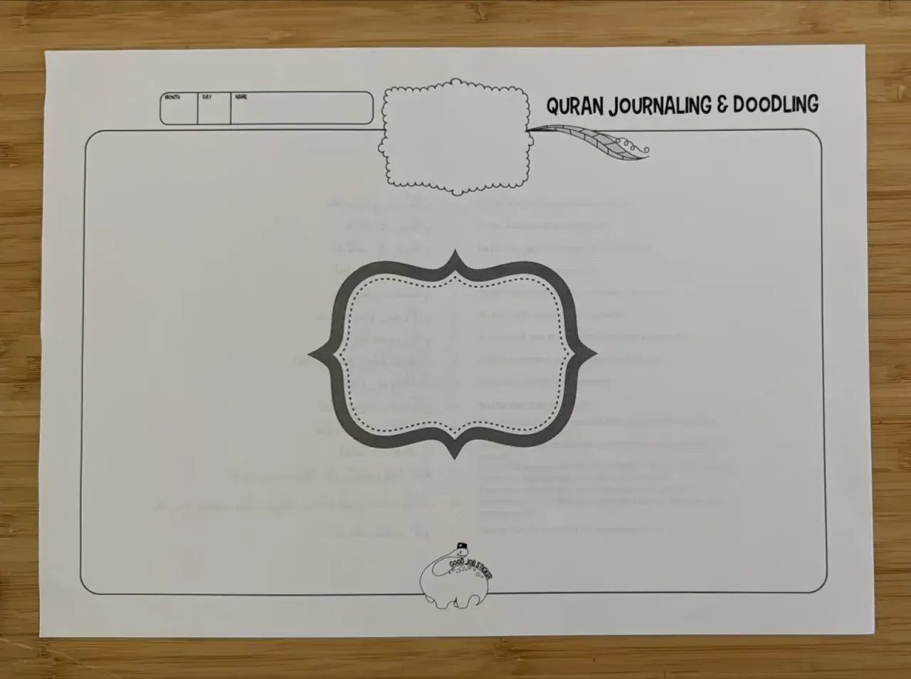 A Quran Journaling & Doodling sheet with one framed label in the middle