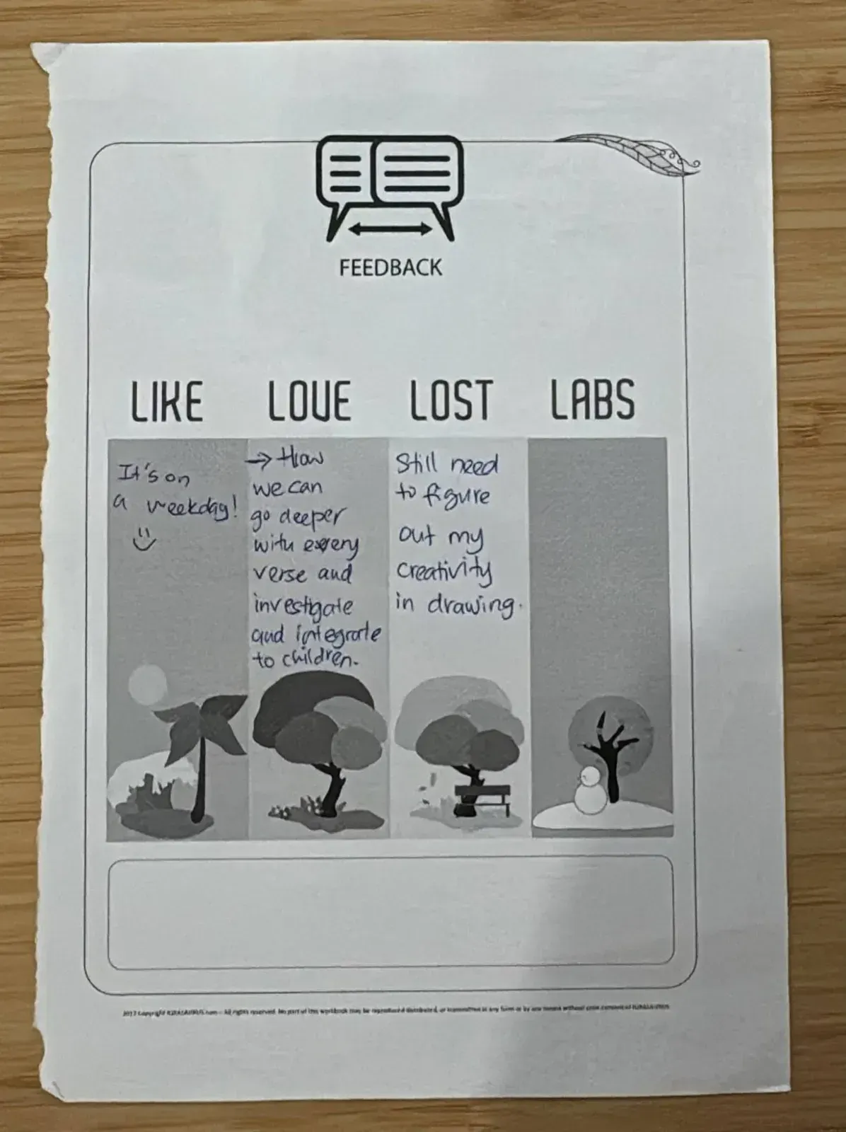 A form whose Lost column reads "Still need to figure out my creativity in drawing"