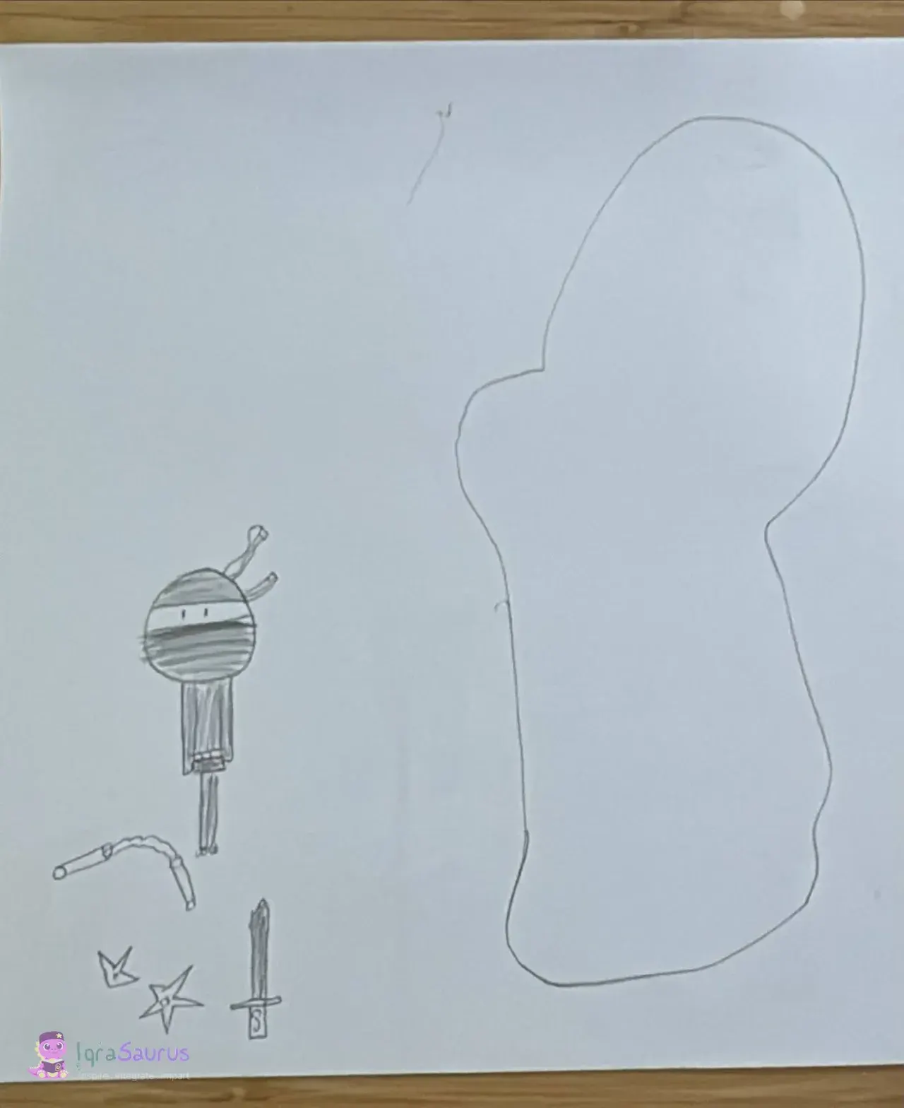 A pencil ninja with weapons beside a large outline shape