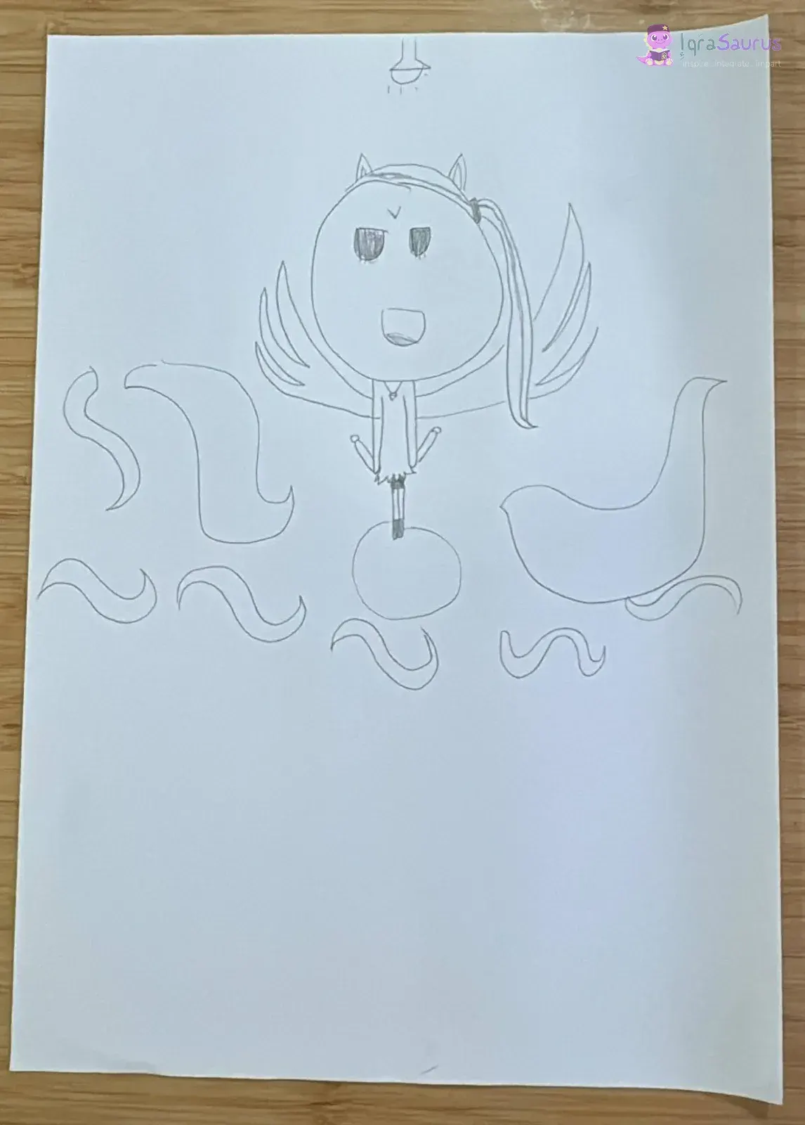 A winged girl drawn in pencil, floating over swirls