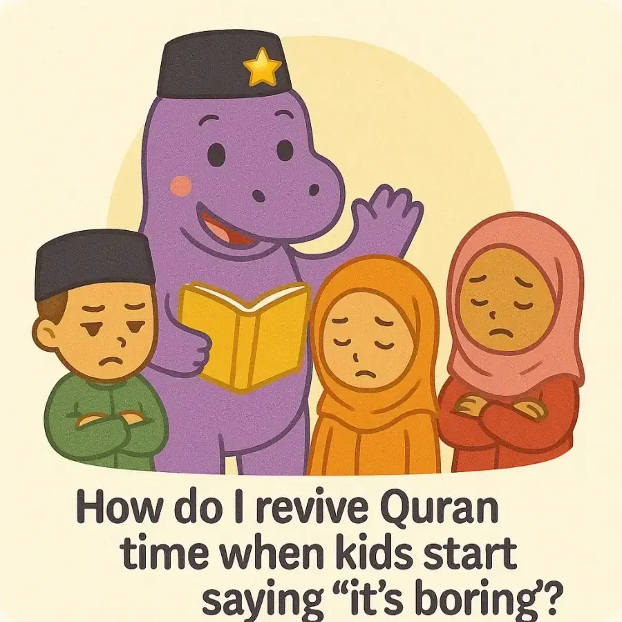 The IqraSaurus dino in a songkok with a book and children, under the question "How do I revive Quran time when kids start saying "it's boring"?"